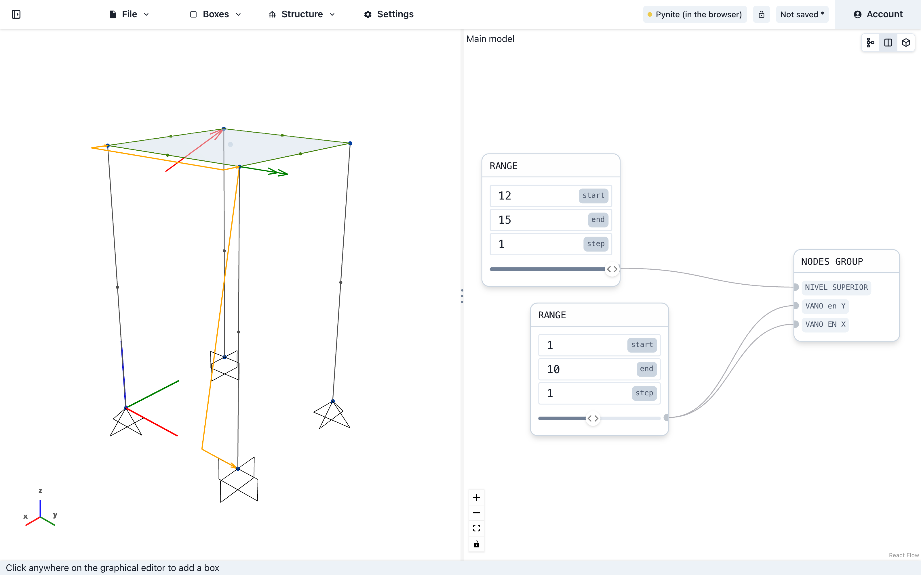 The ParamEle editor. On the left, the 3D model of a frame with four columns, a slab, supports and loads. On the right, the node graph: two Range nodes connected to a Nodes Group with inputs for the top level, the span in Y and the span in X.