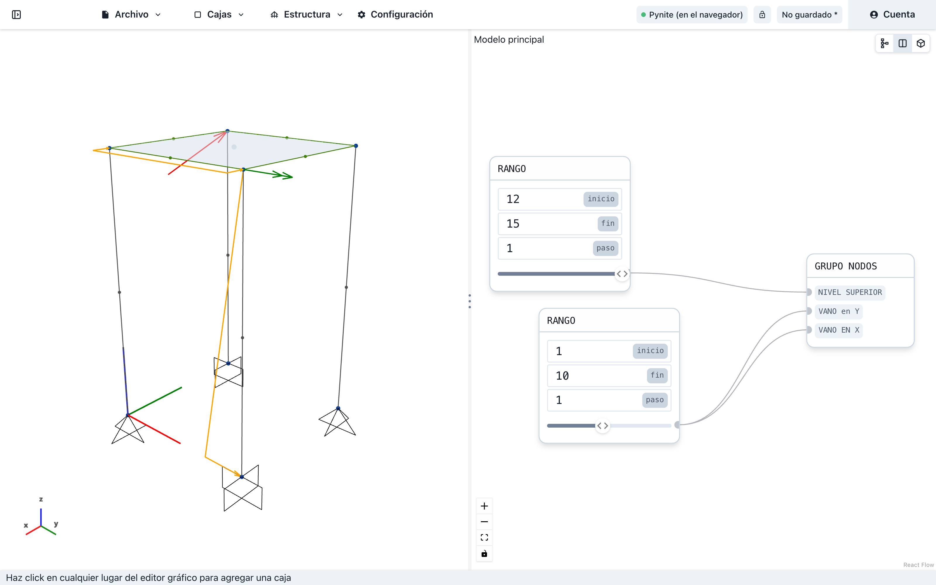 Editor de ParamEle. A la izquierda, el modelo 3D de un pórtico con cuatro columnas, losa, apoyos y cargas. A la derecha, el grafo de nodos: dos nodos de rango conectados a un grupo de nodos con las entradas nivel superior, vano en Y y vano en X.
